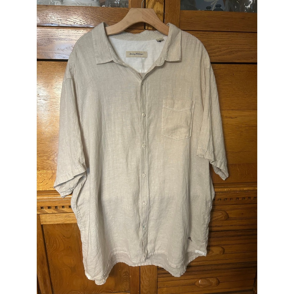 Tommy Bahama Granola Linen Short Sleeve Button Down Shirt Beige Oatmeal Marlin
